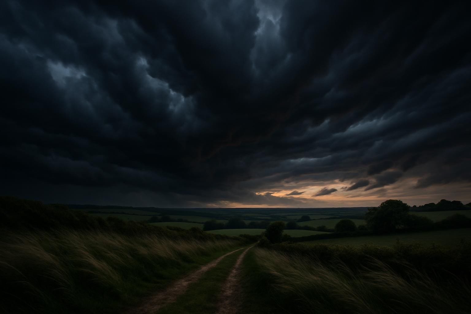 Donkere stormwolken en harde wind over het Engelse platteland