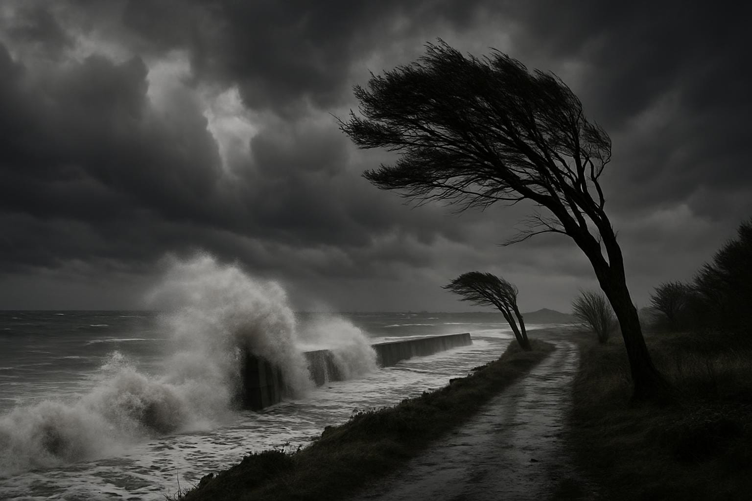 Stormachtige lucht en hoge golven langs de Engelse zuidkust