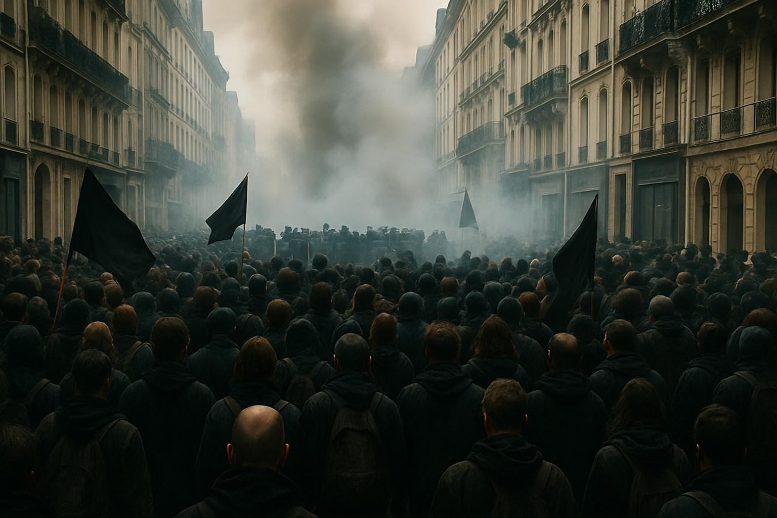 Demonstranten op straat tijdens een grote protestmars in een Franse stad, met oproerpolitie op de achtergrond